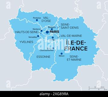 Ile-de-France, dipartimenti e prefetture della regione di Parigi, mappa politica. Più popolosa delle regioni della Francia, incentrata sulla capitale Parigi. Foto Stock