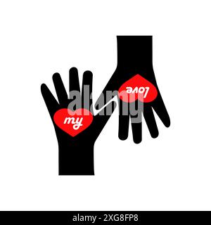 Mani palme con simboli rossi del cuore. Il mio amore. Logo vettoriale nero e rosso e simbolo di amicizia. Clipart su sfondo bianco. Illustrazione Vettoriale