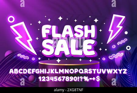 Font al neon con vendita flash. Alfabeto inglese e segni numerici. Vettore Illustrazione Vettoriale