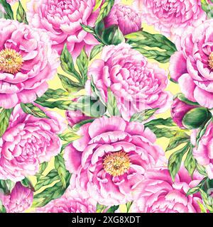 Motivo acquerello senza cuciture con fiori di peonia rosa. Motivo floreale con fiori di peonia per design di tessuti, stampe, tessuti, vestiti. Modello Peony con spirito Foto Stock