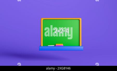 Illustrazione 3D di una lavagna verde con una semplice equazione matematica su sfondo viola. Perfetto per temi educativi e materiali scolastici. Foto Stock