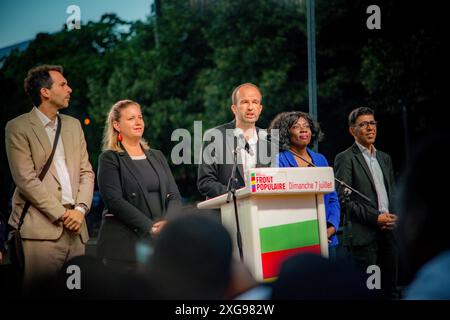 Parigi, Francia. 7 luglio 2024. Gerard Cambon/le Pictorium - elezioni parlamentari luglio 2024 partito di sinistra "la france Insoumise" - 07/07/2024 - Francia/Ile-de-France (regione)/Parigi - Manuel Bompard alla serata elettorale del Front Populaire di Nouveau alla rotonde de stalingrad per il secondo turno delle elezioni legislative. 7 luglio 2024 credito: LE PICTORIUM/Alamy Live News Foto Stock