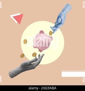 Collage creativo con salvadanaio, monete, manichini e mani dell'uomo su sfondo colorato Foto Stock