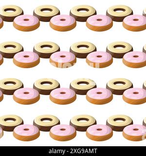 Ciambelle. Pasticceria rotonda e pasticceria decorata con pamada dolciaria. Delizioso dessert nazionale americano. Motivo senza cuciture. Illustrazione Vettoriale