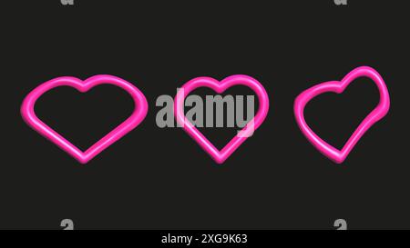 Gli elementi in plastica 3D impostano forme astratte isolate. Cuori rosa. Le forme geometriche sono colori saturi brillanti. Vettore. Illustrazione Vettoriale