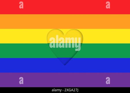 LGBTQ sfondo bandiera orgoglio. Cartone stampato arcobaleno con forma a cuore fustellato. Vista dall'alto Foto Stock