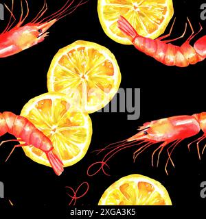 Un acquerello di seamless pattern con gamberi e limoni su uno sfondo nero, un pesce fresco ripeti stampa Foto Stock