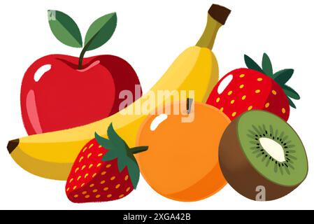 Vivace cestino di frutta con banana, mela, fragola, arancia e kiwi Foto Stock