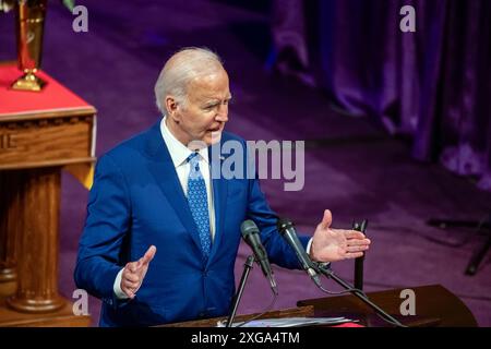 Philadelphia, Stati Uniti. 7 luglio 2024. Il presidente degli Stati Uniti Joe Biden pronuncia le sue osservazioni alla Mount Airy Church of God in Christ a Philadelphia, Pennsylvania, domenica 7 luglio 2024. Credito: David Muse/CNP /MediaPunch credito: MediaPunch Inc/Alamy Live News Foto Stock