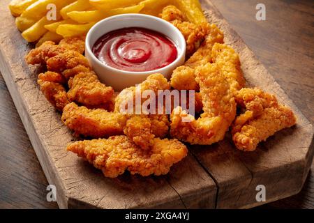 Spicchi di pollo in pastella, nocciole croccanti, con una salsa barbecue su un tavolo di legno, fast food americano Foto Stock