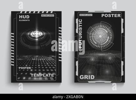 Poster del pianeta grunge. Stelle spaziali. Esplorazione infinita dell'universo. Mirino digitale. Superficie struttura a reticolo. Volo futuristico su veicoli spaziali. Ricerca COSMOS. Cyber grid. Set di design per banner Vector Sci-Fi Illustrazione Vettoriale