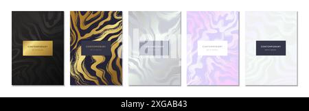 Sfondi di qualità superiore. Silver, black e white fashion Wave. Banner per ristorante di bellezza minimalista dorato e grigio. Texture metalliche lucide e sfumate. Sfondi lussuosi e iridescenti. Set di progettazione di volantini vettoriali Illustrazione Vettoriale