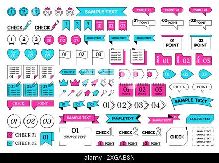 Cornici di testo. Icone di design del titolo, casella di controllo o barra multifunzione, banner con elenco puntato e numero, adesivi con contrassegni per appunti. Elementi decorativi minimali per presentazioni e infografiche. Set di linee semplici vettoriali Illustrazione Vettoriale