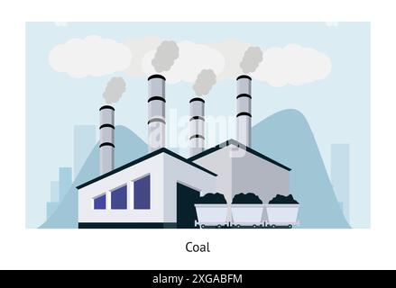 Centrale elettrica. Edificio industriale con camini fumanti. Design minimalista. Fabbrica e produzione. Centrale elettrica. Emissioni nocive. Illustrazione isolata in stile cartoni animati vettoriali Illustrazione Vettoriale