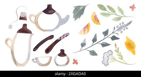 Preparare il tè alle erbe. Vetreria trasparente vuota con decorazioni in legno marrone scuro in stile sketch: Teiera, tazza, brocca limonata, ciotola per zucchero, cucchiai. A. Foto Stock