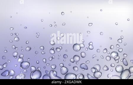 Sfondo di bolle frizzanti sott'acqua. Illustrazione vettoriale realistica dell'effetto effetto Air Fizz in acqua trasparente, bibite gassate frizzanti, spruzzi di liquidi effervescenti, design a gocce d'acqua profonde Illustrazione Vettoriale