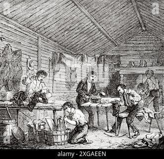 La vita di un minatore in California. Stati Uniti d'America, disegno di Gustave Adolphe Chassevent (1818 - 1901) viaggio in California, 1859 di Louis Simonin (1830-1886) le Tour du Monde 1862 Foto Stock