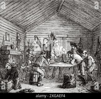 La vita di un minatore in California, vendita di pepite d'oro. Stati Uniti d'America, disegno di Gustave Adolphe Chassevent (1818 - 1901) viaggio in California, 1859 di Louis Simonin (1830-1886) le Tour du Monde 1862 Foto Stock