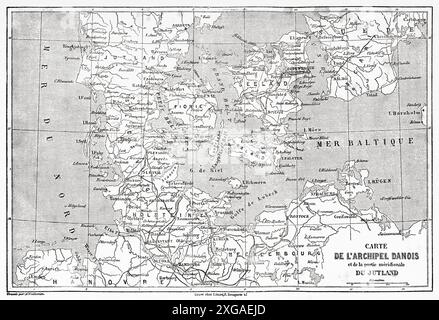 Vecchia mappa dell'arcipelago danese e della parte meridionale dello Jutland, Danimarca. Viaggio in Danimarca, 1860 di Jean-Marie Dargaud (1800-1866) le Tour du Monde 1862 Foto Stock