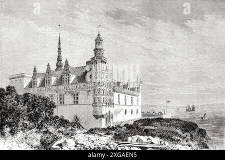 Vista del castello di Kronborg e di Oresund, Helsingor, Danimarca, disegno di Emile Therond (1821- 1883) da viaggio in Danimarca, 1860 di Jean-Marie Dargaud (1800-1866) le Tour du Monde 1862 Foto Stock