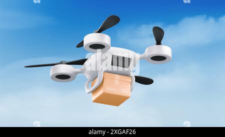 Drone che trasporta il pacco in cielo. Illustrazione vettoriale realistica di un quadricottero intelligente che fornisce un pacchetto di cartone, un veicolo aereo senza equipaggio con telecamera che vola nelle nuvole, tecnologia logistica moderna Illustrazione Vettoriale