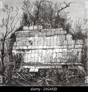 Bassorilievi delle Tigers, campo da baseball a Chichen Itza, penisola dello Yucatan messicano. Messico, disegno di Jacques Guiaud (1811-1876) viaggio in Messico, 1854-1855 di Ernest Vigneaux. Le Tour du Monde 1862 Foto Stock