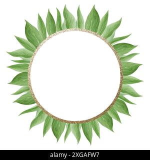 Acquerello verde foglie tropicali oro telaio rotondo illustrazione a corona per etichette, adesivi di ringraziamento, buoni per la vendita estiva Foto Stock