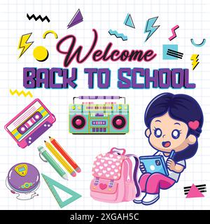 Torna a scuola, striscione, poster. Zaino e cancelleria, pila di libri, sveglia, aerei di carta, carta a scacchi con diversi scarabocchi Illustrazione Vettoriale