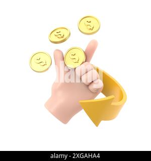 Icona Cartoon Gesture Mockup.3D mano che tiene moneta con freccia. Concetto di cashback. Restituire denaro per gli acquisti online. Offerta di rimborso. Rimborso per gli acquisti Foto Stock