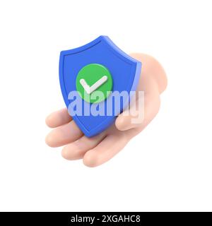 Icona dei gesti dei cartoni animati Mockup.3D con la mano che tiene lo scudo di sicurezza e il lucchetto. Protezione dei dati personali. Concetto di accesso sicuro. Verifica riuscita.3D r Foto Stock