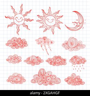 Set di graziose nuvole di cartoni animati e sole Illustrazione Vettoriale