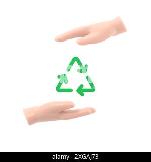 Eco-compatibile. Salvare la natura. Affari ecologici. Icona del riciclo della carta in mano umana. Protezione dell'ambiente planetario.disegno piatto illustrazione 3D.rendering 3D. Foto Stock