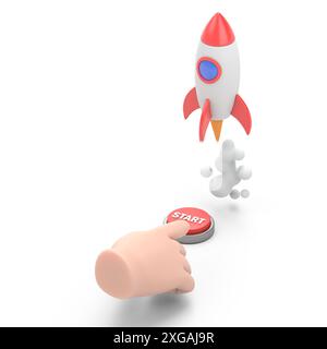 Icona movimento cartoni animati Mockup. L'uomo d'affari isometrico 3d piatto preme il pulsante di avvio per lanciare un razzo spaziale. Concept di avvio aziendale.rendering 3D. Foto Stock