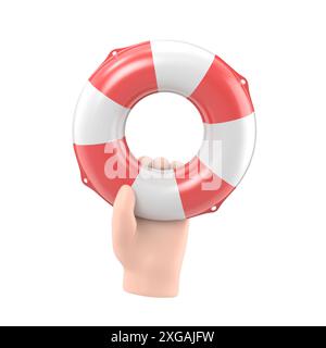 Concetto di aiuto. Lifebuoy tenuta in mano.illustrazione 3d design piatto. Supporto di beneficenza. Simbolo della speranza. Uomo d'affari con un salvagente in acqua. Date aiuto Foto Stock