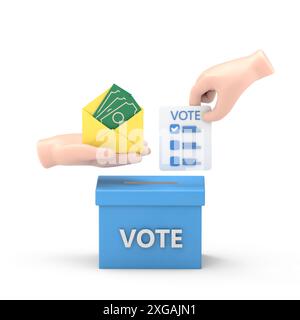 Icona dei gesti dei cartoni animati Mockup.3D mano che inserisce la carta di voto nella casella delle schede. Elezioni, voto, andare a votare, partecipazione dei cittadini al concetto di voto. 3d. Foto Stock