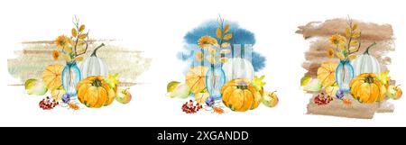 Composizione acquerello con vaso blu e zucca, fiori, rami, coni di pino, albero di Natale, rowan, spina dorsale, foglie, serie autunnale di elemen Foto Stock