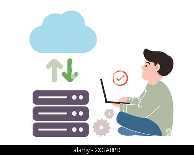 Backup del server sulla sincronizzazione cloud man upload download data center Illustrazione Vettoriale
