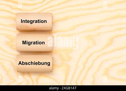 Migrazione, integrazione e Abschiebung Drei Holzsäulen sind beschriftet mit migrazione, integrazione e Abschiebung *** migrazione, integrazione e depo Foto Stock