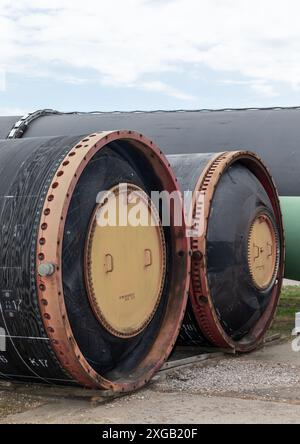 MYKOLAIV Reg., UCRAINA - 03 giugno 2024: Un frammento di missili balistici intercontinentali è visto nel museo delle forze missilistiche strategiche Foto Stock