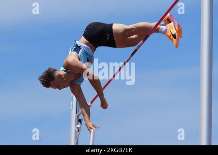 COLLET Thibaut EAG 38 - S/l Asptt Grenoble FINALE PERCHE UOMINI durante i Campionati francesi di atletica leggera 2024 il 30 giugno 2024 allo Stade du Lac de Maine di Angers, Francia - foto Laurent Lairys / DPPI Foto Stock