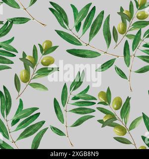 Motivo senza cuciture con elementi di olivo, rami e foglie. Illustrazione ad acquerello disegnata a mano su sfondo grigio per stampa, carta da imballaggio, texti Foto Stock