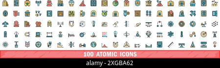 set di 100 icone atomiche. Set di linee cromatiche di icone vettoriali atomiche linee sottili colore piatto su bianco Illustrazione Vettoriale
