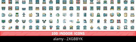 set di 100 icone per interni. Linea di colore Set di icone vettoriali interne linea sottile colore piatto su bianco Illustrazione Vettoriale