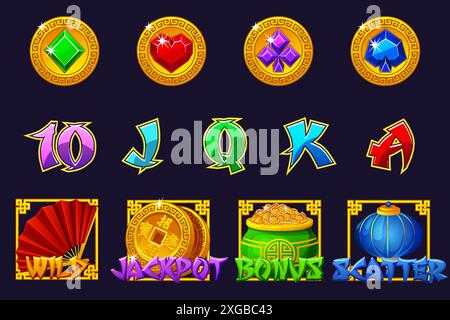 Una serie completa di simboli per il gioco di slot cinese. Ecco i simboli jackpot, bonus, jolly e spargimento. Dodici icone cinesi per lo sviluppo del gioco Illustrazione Vettoriale