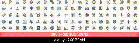 100 set di icone di esercitazione. Linea di colore Set di icone vettoriali pratica linea sottile colore piatto su bianco Illustrazione Vettoriale