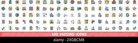 100 set di icone di vaccino. Linea di colore Set di icone vettoriali vaccino linea sottile colore piatto su bianco Illustrazione Vettoriale