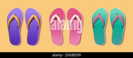 Colorate infradito scarpe da spiaggia estive su sfondo giallo. Sandali verdi rosa viola. Concetto di vacanza estiva. Design piatto Illustrazione Vettoriale