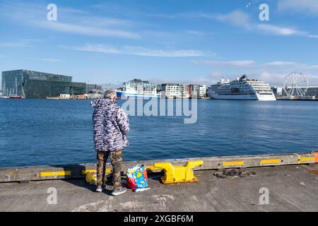 Angler am Pier des alten Hafens von Reykjavik. Im Hintergrund das Konzerthaus Harpa li. Und das Kreuzfahrtschiff Nanseatic Nature Re.. / Pescatore al molo del vecchio porto di Reykjavik. Sullo sfondo, la sala concerti Harpa a sinistra e la nave da crociera Nanseatic Nature a destra. Alter Hafen von Reykjavik *** Fisherman presso il molo del vecchio porto di Reykjavik sullo sfondo, la sala concerti Harpa li e la nave da crociera Nanseatic Nature Re Fisherman presso il molo del vecchio porto di Reykjavik sullo sfondo, la sala concerti Harpa a sinistra e la nave da crociera Nanseatic Nature a destra Vecchio porto di Reykjavi Foto Stock