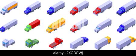 Set icone semi-rimorchio motrice. Set di icone dei veicoli per la consegna in una vista isometrica, che mostra vari veicoli per il trasporto di merci Illustrazione Vettoriale