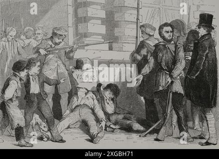 Storia della Francia. Rivoluzione francese del 1830. Rivolta popolare contro re Carlo X (1757-1836) e il suo governo. Si è giocato dal 26 al 29 luglio. "Come i francesi punivano i ladri". Incisione. "Los Héroes y las Grandezas de la Tierra" (gli eroi e i magnifici della Terra). Volume VIII. 1856. Foto Stock